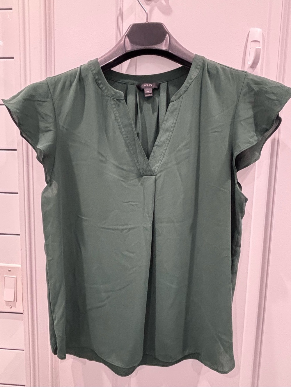 J. Crew Forest Green Split V-Neck Flutter Sleeve Blouse